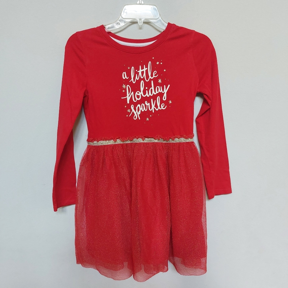 Cat & Jack "A Little Holiday Sparkle" Red &  White Longsleeve Dress Size Large.